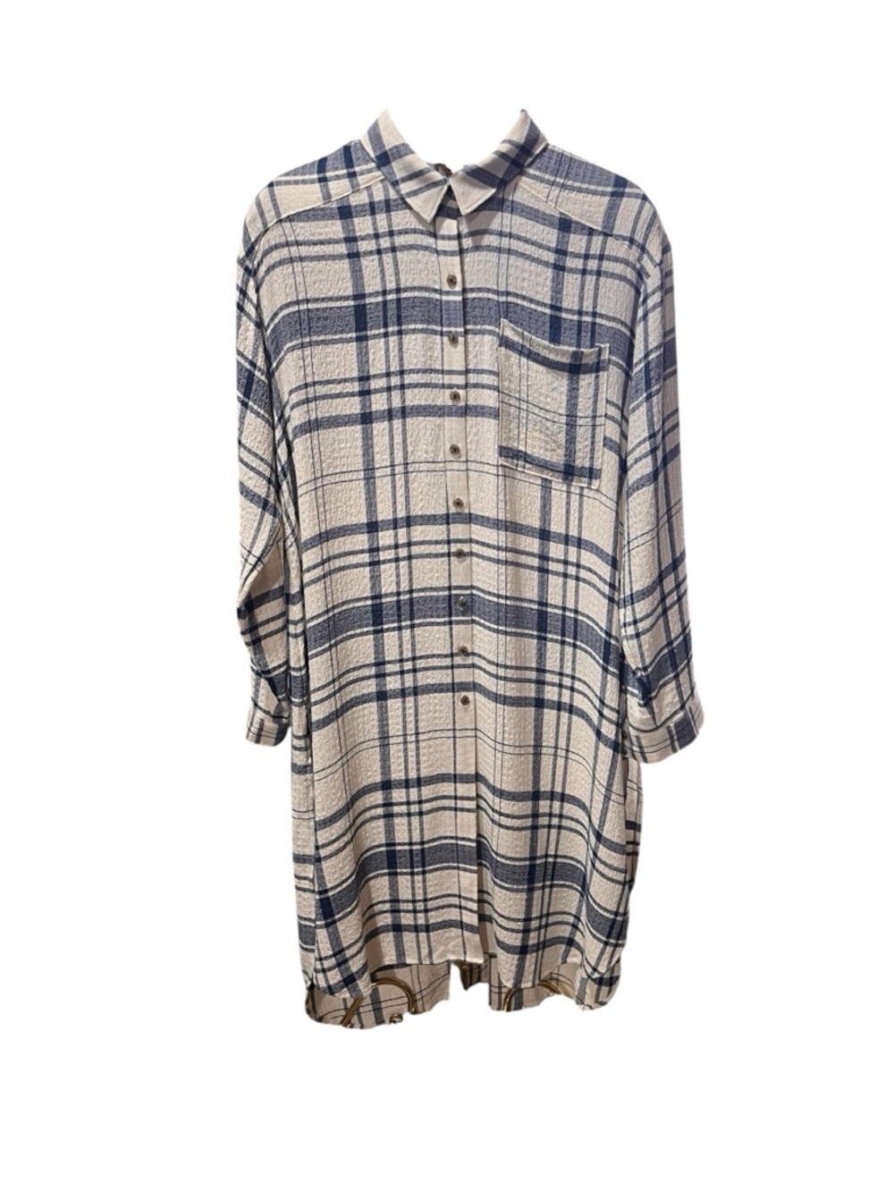 Pilcro Cream and Navy Long-Line Button Front Plaid High-Low Shirt Dress - Picture 5 of 15